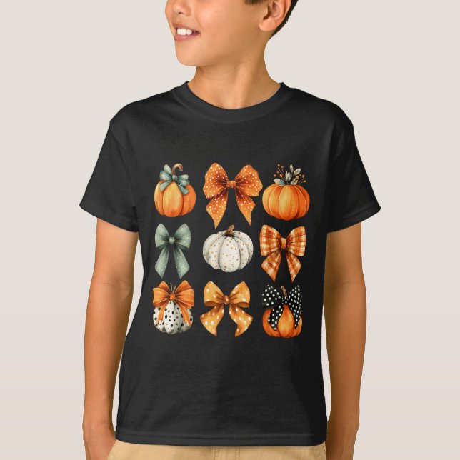 Thanksgiving Autumn Fall Leaves Coquette Bow Pumpk T-Shirt (Front)