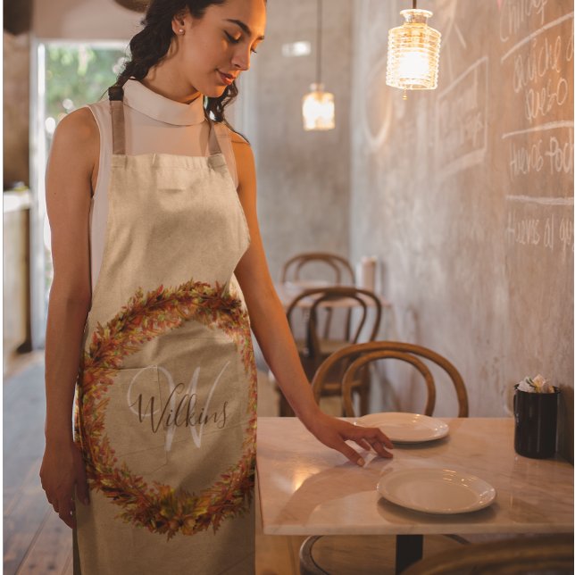Thanksgiving Autumn Fall Wreath Leaves Monogram Apron (Creator Uploaded)
