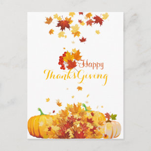 Thanksgiving Autumn Falling Leaves and Pumpkins Holiday Postcard