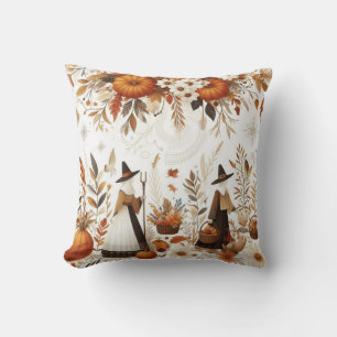 Thanksgiving Autumn Foliage and Pilgrims Throw Pillow