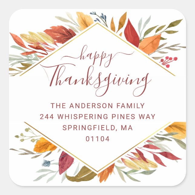 Thanksgiving Autumn Foliage Return Address Holiday Square Sticker (Front)
