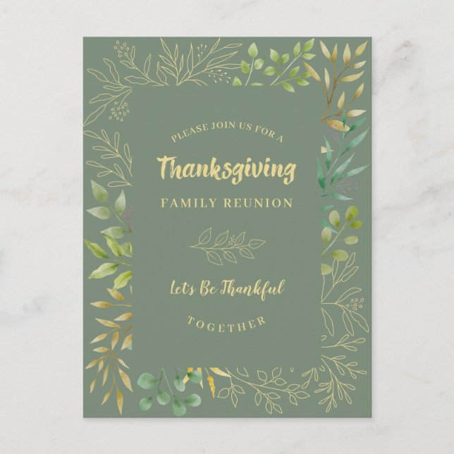 Thanksgiving Autumn Foliage Watercolor Green Invitation Postcard (Front)