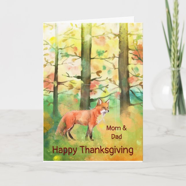 Thanksgiving Autumn Forest Fox Animal Art Mom Dad Holiday Card (Front)
