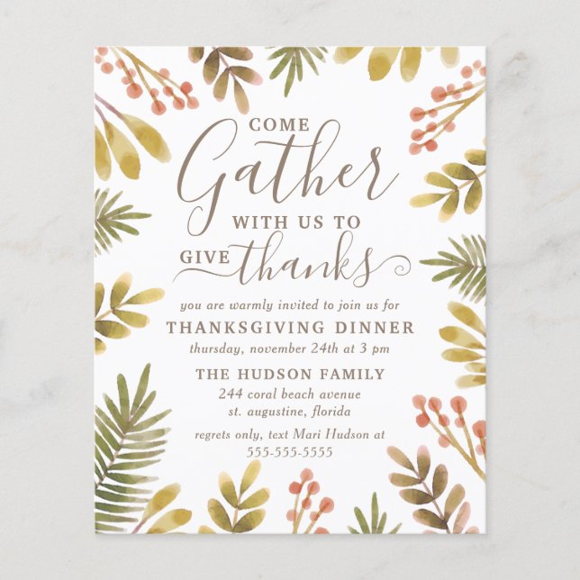 Thanksgiving Autumn Greenery Watercolor Wreath Inv Flyer (Front)