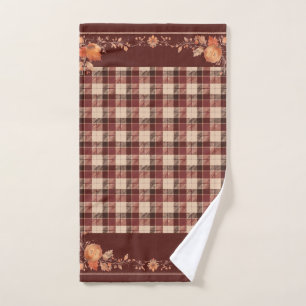 Thanksgiving Autumn Leaves on Brown Plaid Hand Towel