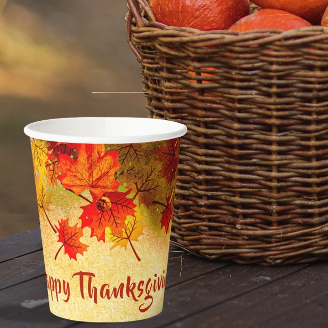 Thanksgiving Autumn Leaves on Old Paper Background Paper Cups (Creator Uploaded)