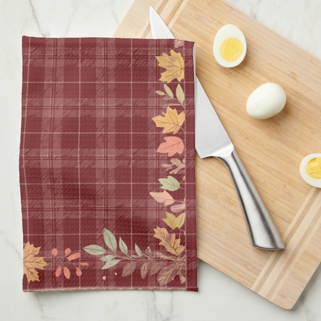Thanksgiving Autumn Leaves on Plaid Kitchen Towel (Quarter Fold)