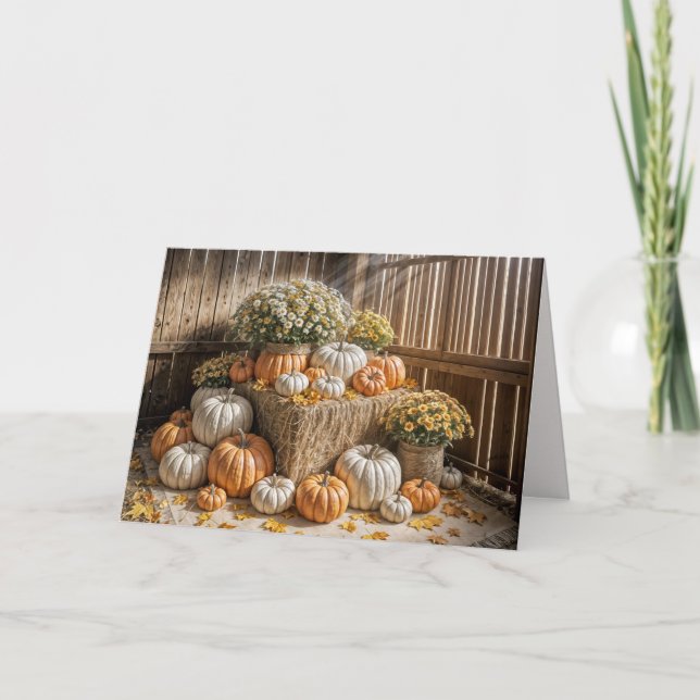 Thanksgiving Autumn Pumpkins and Mums In a Barn Card (Front)