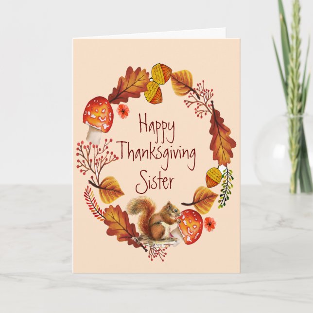 Thanksgiving Autumn Squirrel Wreath Sister Holiday Card (Front)