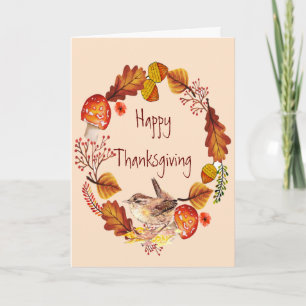 Thanksgiving Autumn Wreath House Wren Bird  Holiday Card