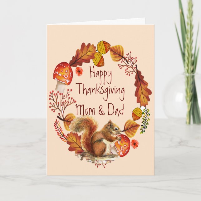 Thanksgiving Autumn Wreath Squirrel Mom Dad Holiday Card (Front)