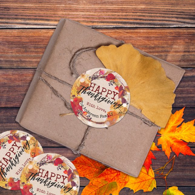Thanksgiving Autumn Wreath With Assorted Foliage Classic Round Sticker (Creator Uploaded)