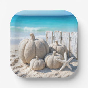 Thanksgiving Beach Sand Pumpkins and Starfish Paper Plate