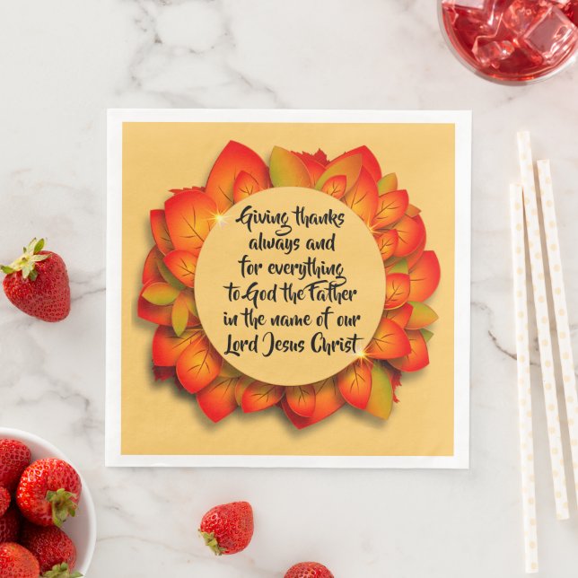 Thanksgiving Bible Quote Autumn Leaf Napkin (Insitu)