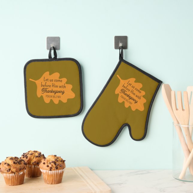 Thanksgiving Bible Verse Orange Leaf Autumm Brown Oven Mitt & Pot Holder Set (Insitu(Hanging))