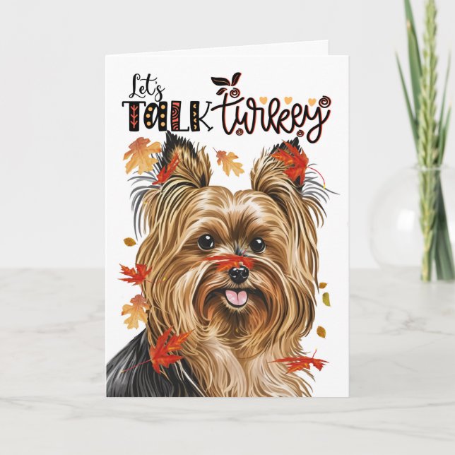 Thanksgiving Biewer Terrier Dog Lets Talk Turkey Holiday Card (Front)