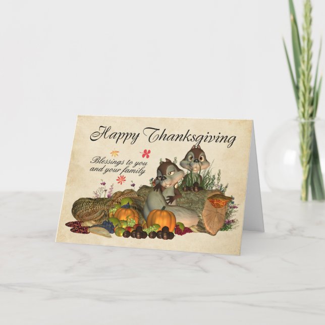 Thanksgiving Blessings - Squirrels And Cornucopia Holiday Card (Front)