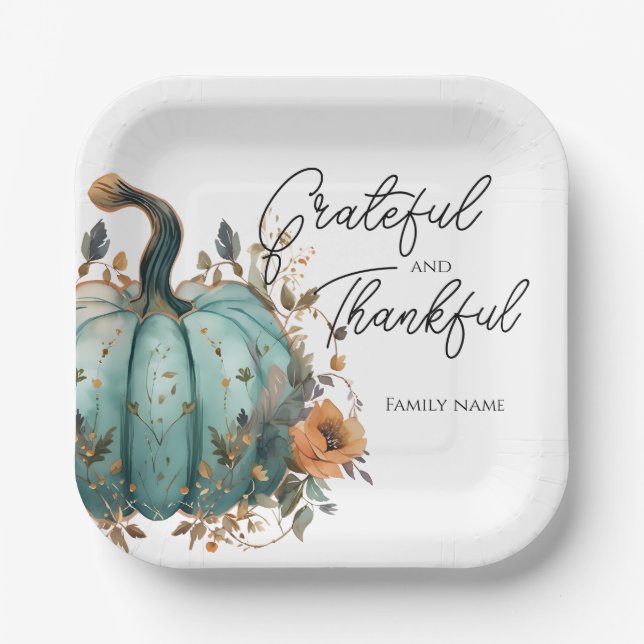 Thanksgiving Blue Pumpkin Rustic Paper Plates (Front)