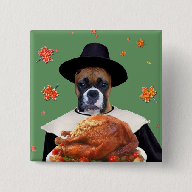 Thanksgiving Boxer Dog 2 Inch Square Button (Front)