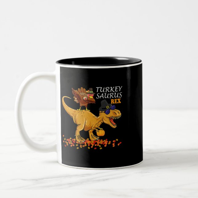 Thanksgiving Boys Turkey Saurus T Rex Dino Kids Di Two-Tone Coffee Mug (Left)