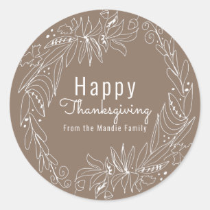 Thanksgiving Branch Wreath Hand Drawn Illustration Classic Round Sticker