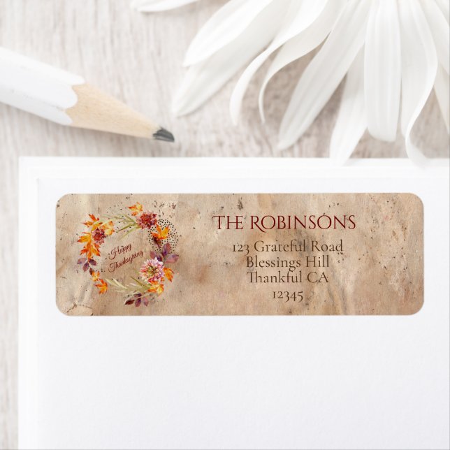 Thanksgiving Brown Grunge Floral Wreath Label (Insitu)