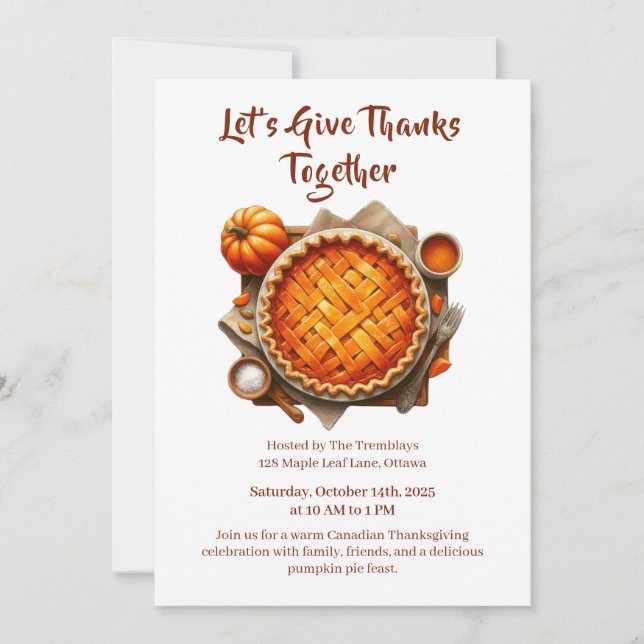 Thanksgiving Canada | Cozy Pumpkin Pie Gathering Invitation (Front)