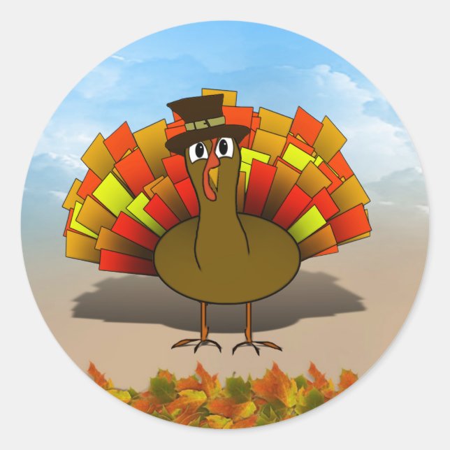 Thanksgiving Cartoon Turkey Pilgrim Classic Round Sticker (Front)