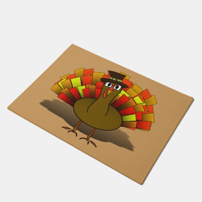 Thanksgiving Cartoon Turkey Pilgrim Doormat (Angled)