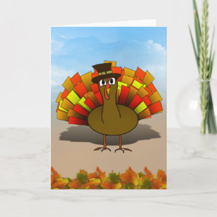 Thanksgiving Cartoon Turkey Pilgrim Holiday Card