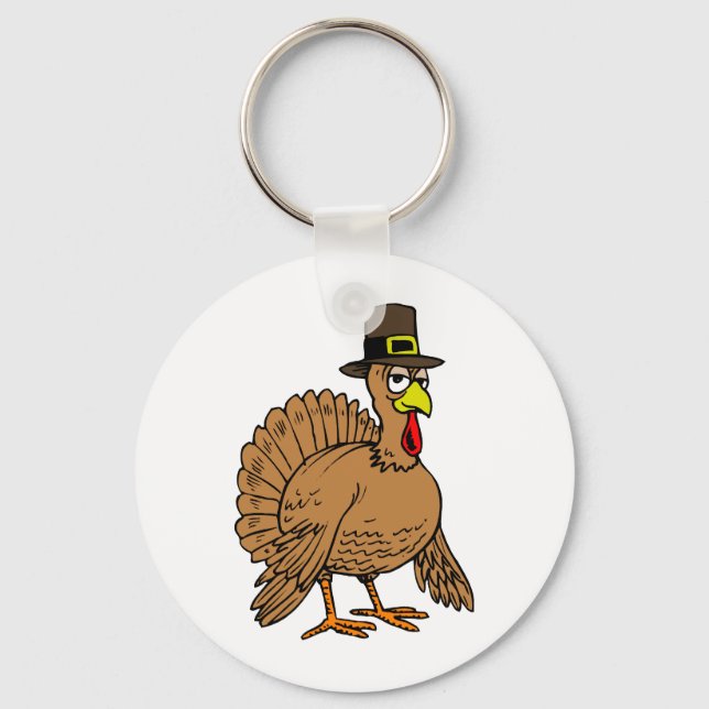 Thanksgiving Cartoon Turkey Pilgrim Keychain (Front)