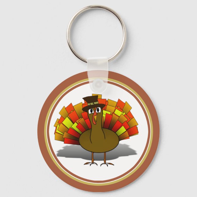 Thanksgiving Cartoon Turkey Pilgrim Keychain (Front)