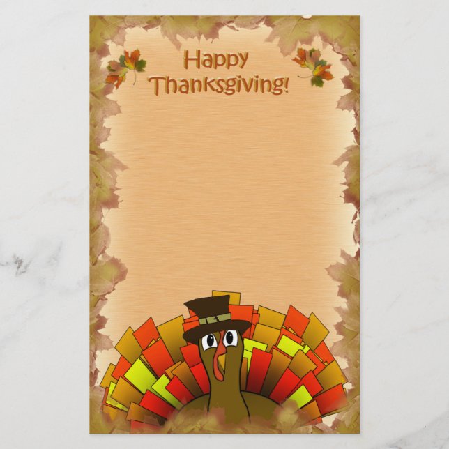 Thanksgiving Cartoon Turkey Pilgrim Stationery (Front)