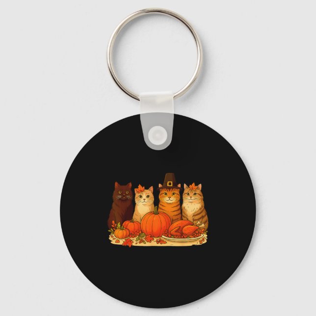 Thanksgiving Cats Dinner Pumpkin Autumn Men Women  Keychain (Front)
