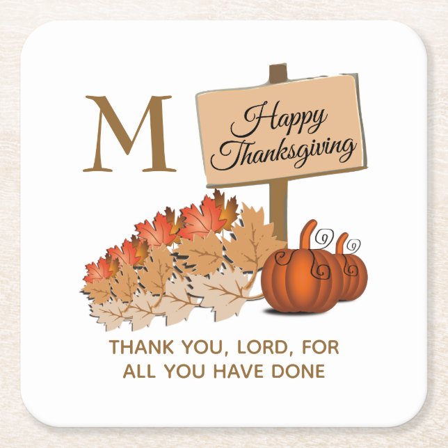 THANKSGIVING Christian Monogram Square Paper Coaster (Front)