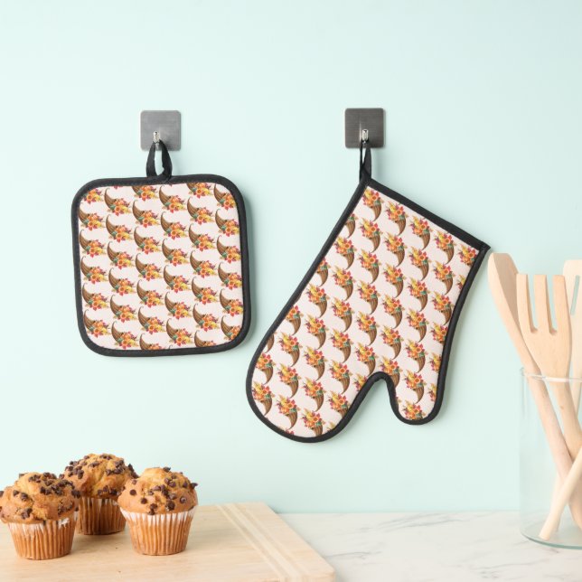 Thanksgiving Cornucopia Oven Mitt & Pot Holder Set (Insitu(Hanging))