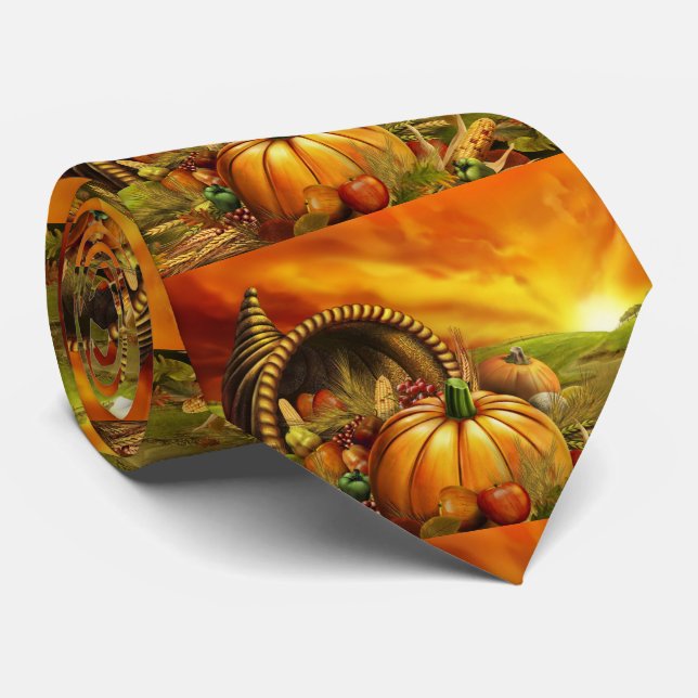 Thanksgiving cornucopia pumpkin field tie (Rolled)