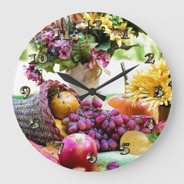 Thanksgiving Cronucopia with Fruits and Flowers Large Clock (Front)