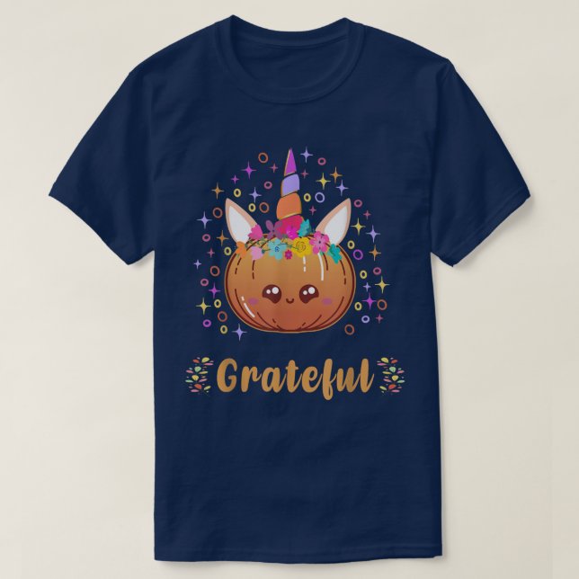 Thanksgiving Cute Girl Unicorn Pumpkin  Grateful k T-Shirt (Design Front)