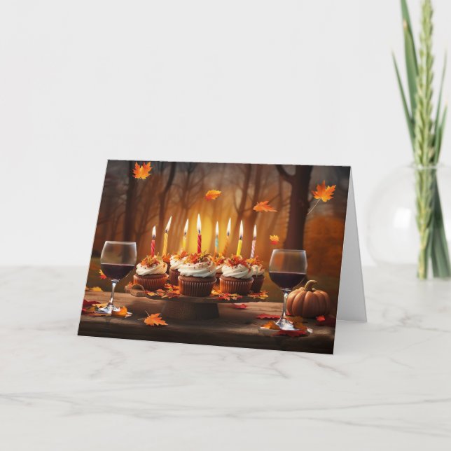 Thanksgiving Day Birthday with Cupcakes Wine Holiday Card (Front)