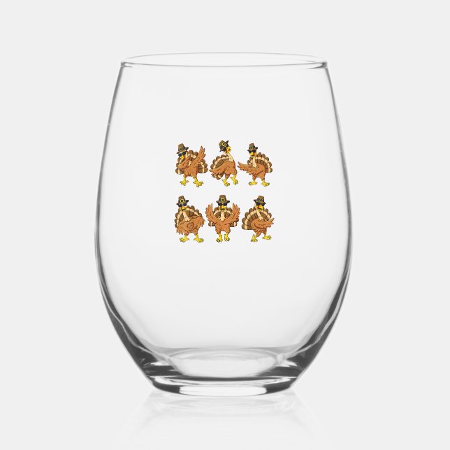 Thanksgiving Day Dancing Turkey Pilgrim Boys Girls Stemless Wine Glass (Front)