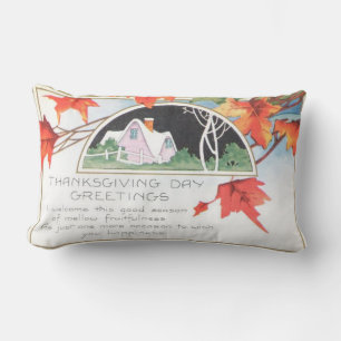 Thanksgiving Day Greetings Pink House Vintage Lumbar Pillow