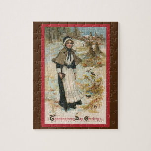 Thanksgiving Day Greetings with a Pilgrim Woman Jigsaw Puzzle