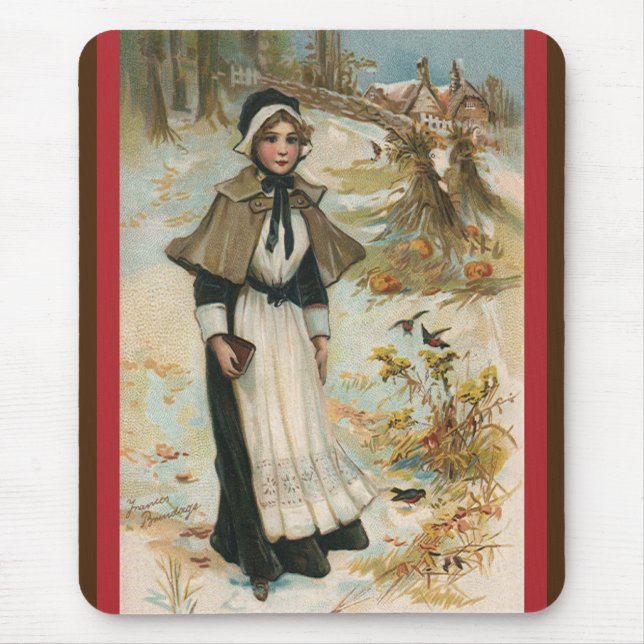Thanksgiving Day Greetings with a Pilgrim Woman Mouse Pad (Front)