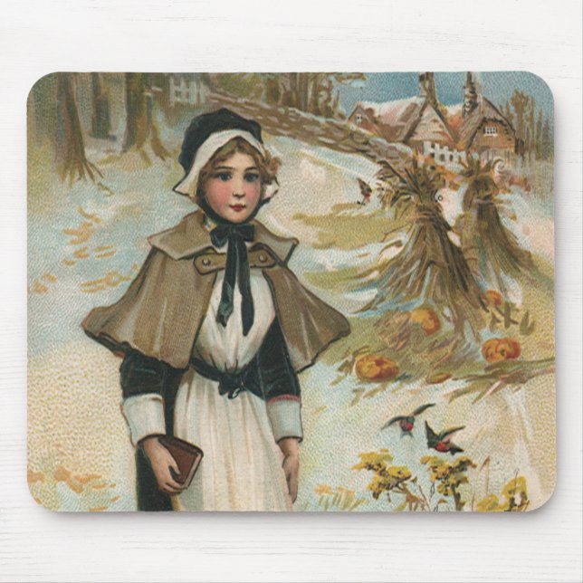 Thanksgiving Day Greetings with a Pilgrim Woman Mouse Pad (Front)