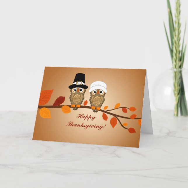 Thanksgiving Day Pilgrim Owls Holiday Card (Front)