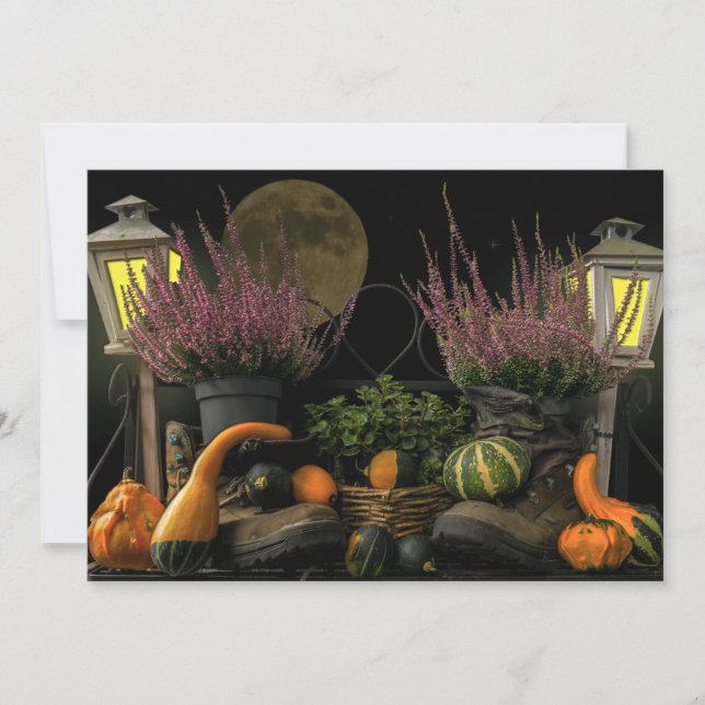 Thanksgiving Day Scene With Bench and Fall Harvest Holiday Card (Front)