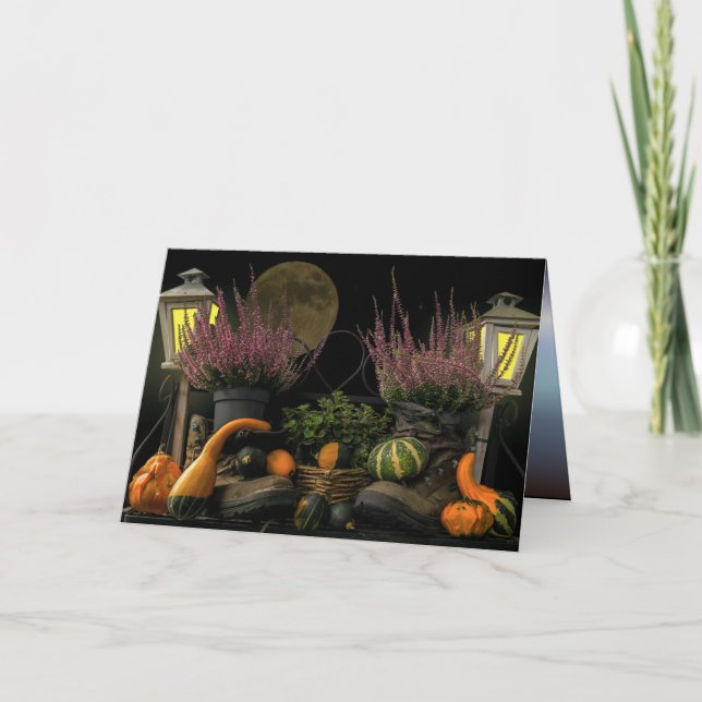Thanksgiving Day Scene With Bench and Fall Harvest Holiday Card (Front)