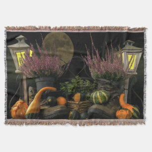 Thanksgiving Day Scene With Bench and Fall Harvest Throw Blanket