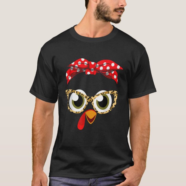 Thanksgiving Day Turkey Face Leopard Print Glasses T-Shirt (Front)
